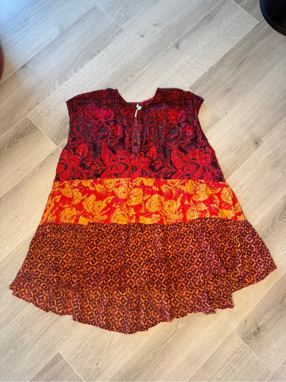 Free People Tiered Mixed Print Boho Tunic Top XS Terracotta